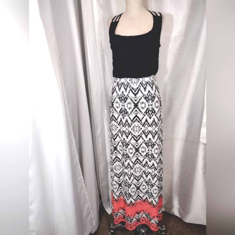 2 Pc: Trixie TAG Maxi Dress+Banana Republic Silk Blouse, Black/White/Coral, XS - Picture 6 of 16
